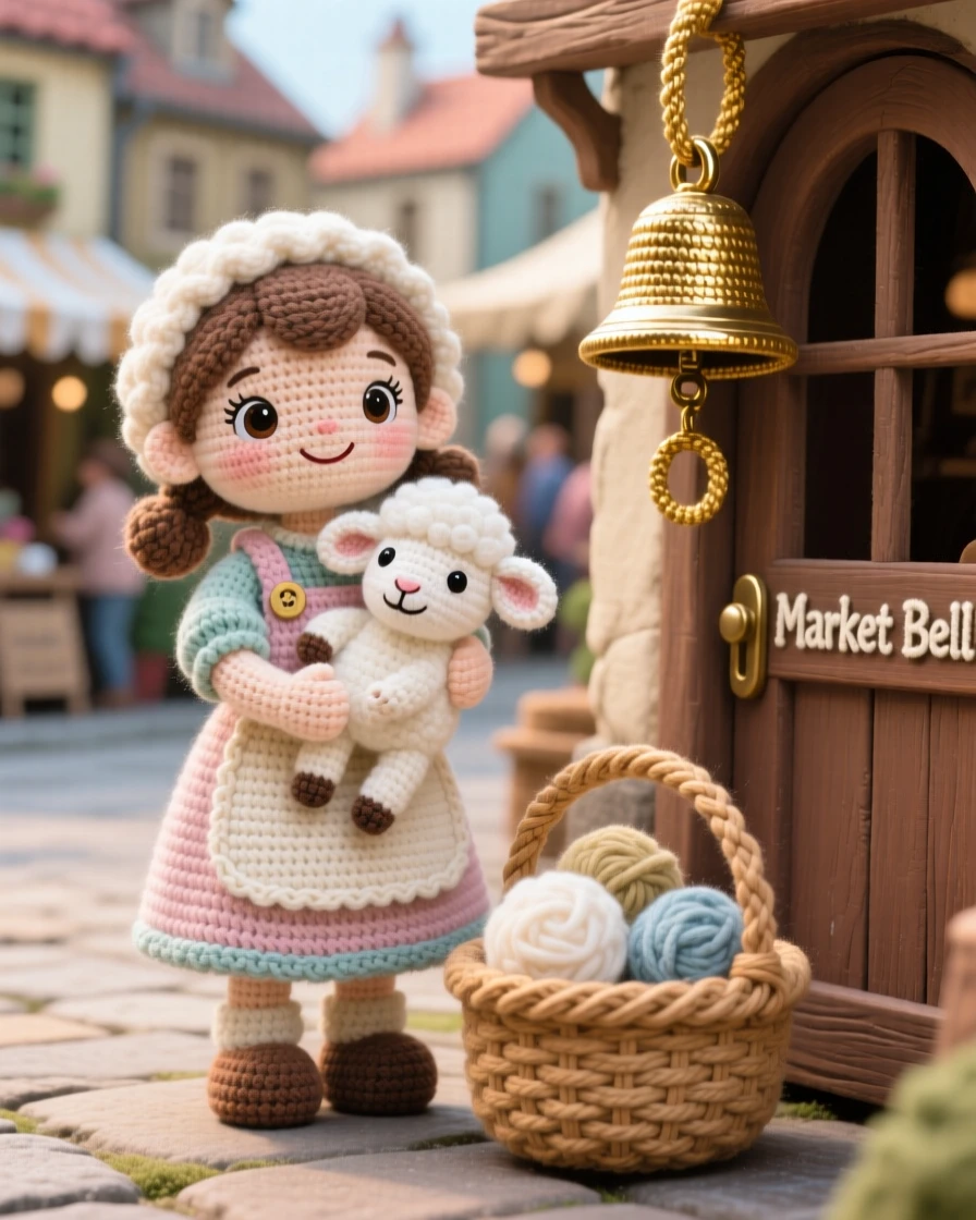 a young shepherd girl, with a basket of wool and a gentle smile, is captured cuddling a newborn lamb in a bustling small-town market square beside a small brass bell hanging by the door, radiating cheerful industriousness and community spirit.