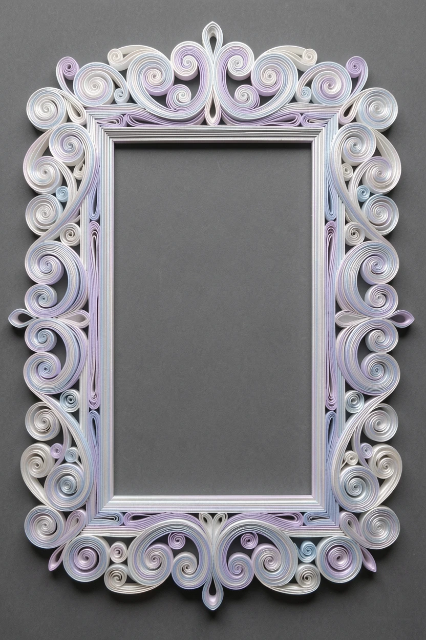 an elegant scrollwork border framing a blank center, centered on a soft charcoal grey surface, arranged in concentric layered rings, with a subtle iridescent shimmer.