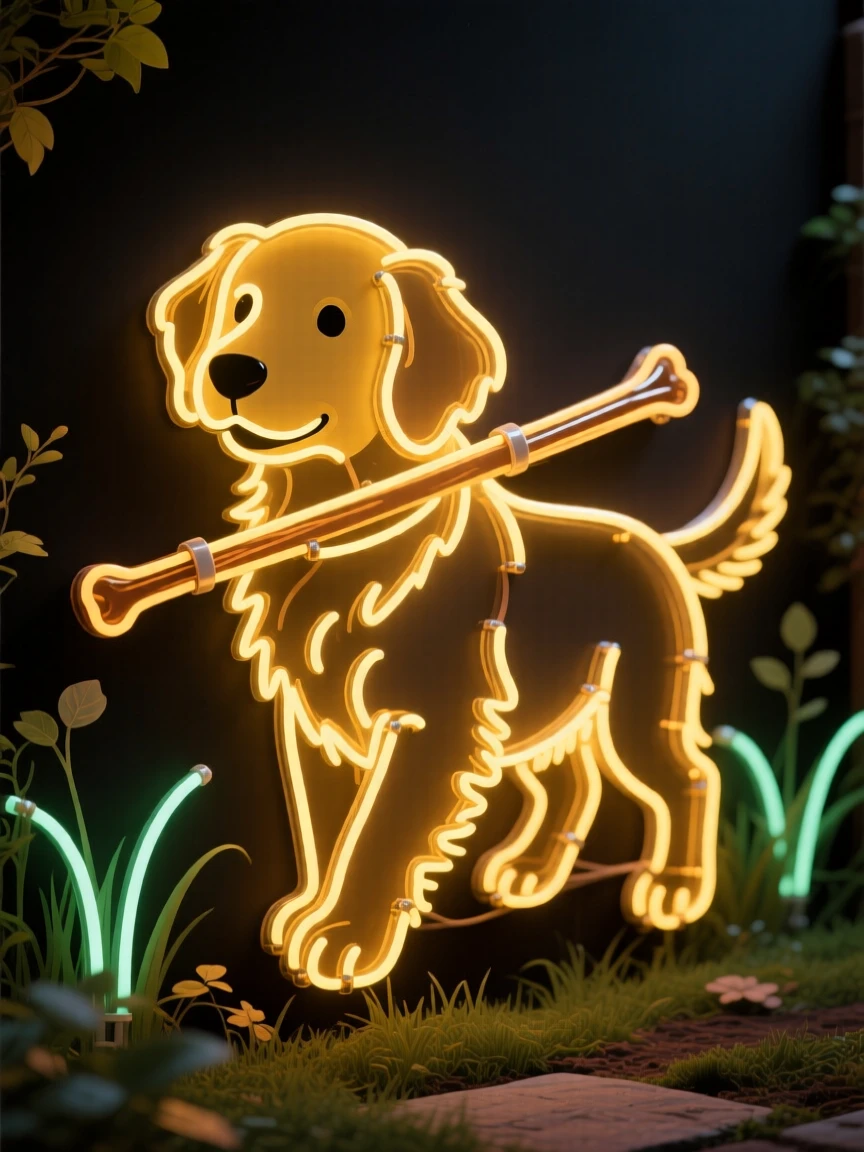 a golden retriever puppy carrying a stick in a quiet backyard garden.