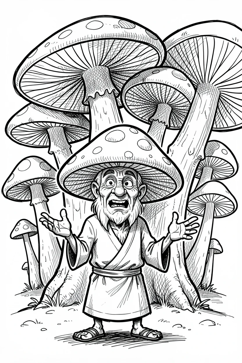 A talking mushroom village elder under a canopy of giant mushrooms.