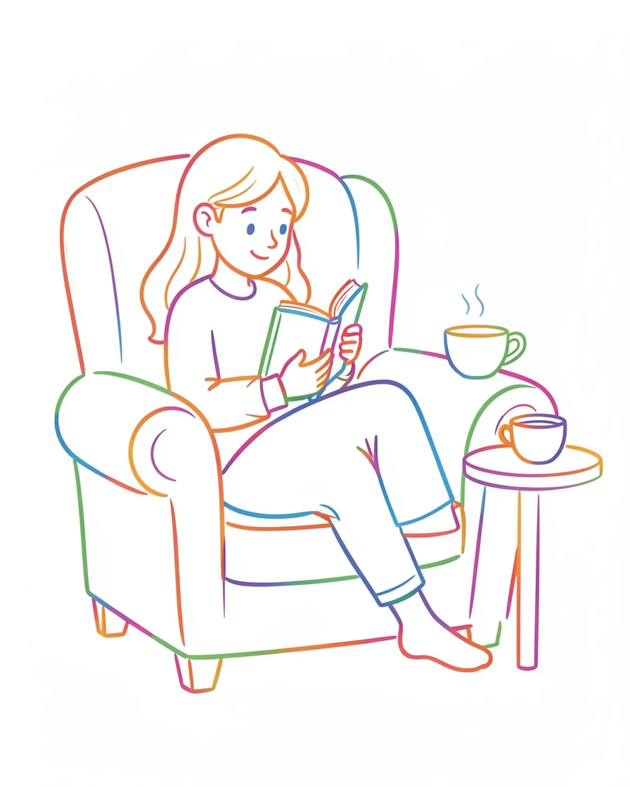 A person reading a book curled up in a cozy armchair with a cup of tea.