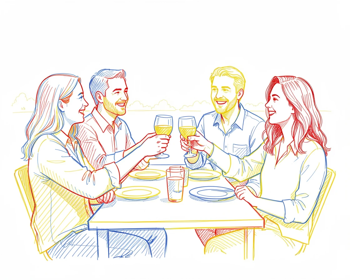 A group of friends toasting glasses together at an outdoor dinner party
