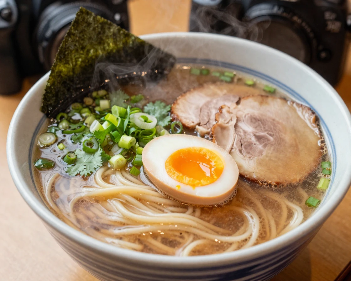 A steaming bowl of ramen with a soft-boiled egg