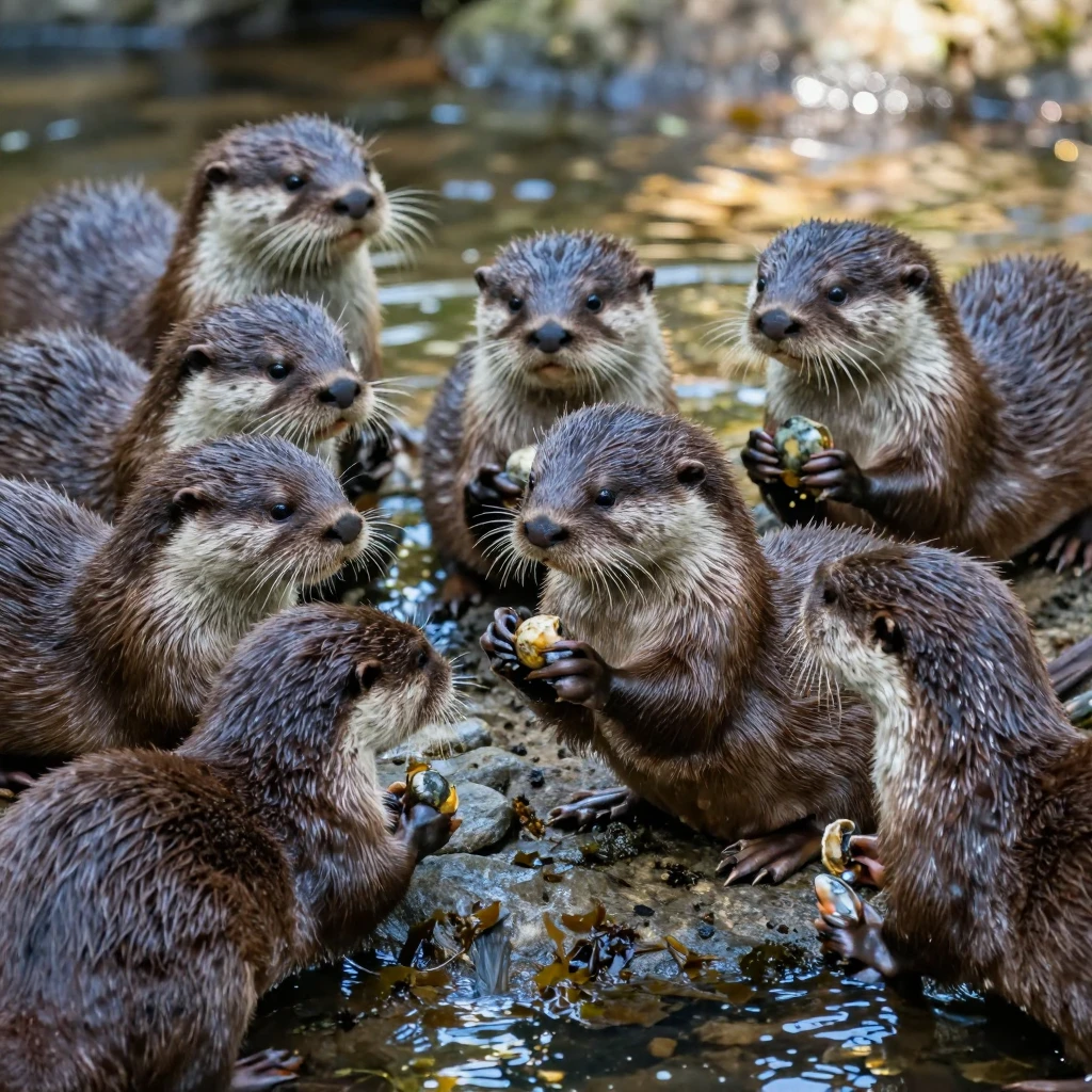 A family of otters cracks open shellfish using rocks balanced on their bellies.