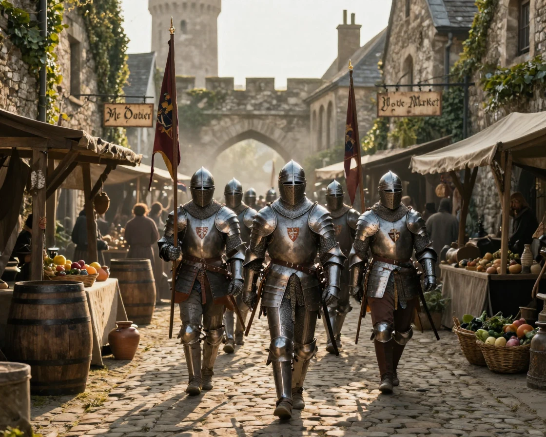A band of medieval knights making their way through an old stone marketplace