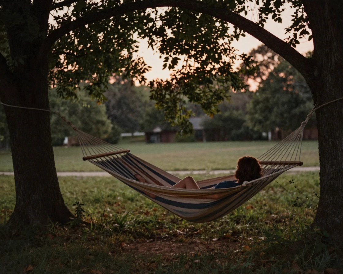 A hammock strung between two trees in a shaded backyard, in the last light of dusk, with a soft breeze stirring the air, in summer, with muted olive and rust colors, over the shoulder of the main subject.