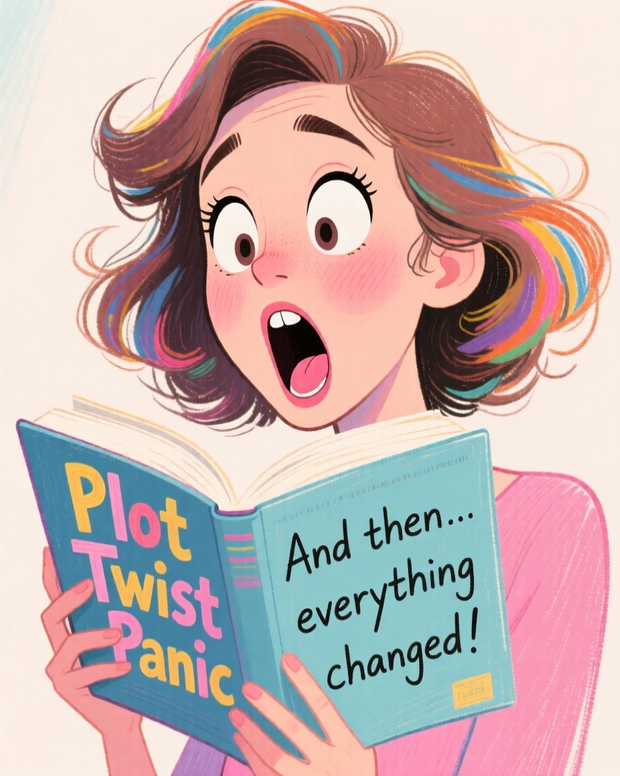 A woman giving an exaggerated shocked face at a plot twist in a book.