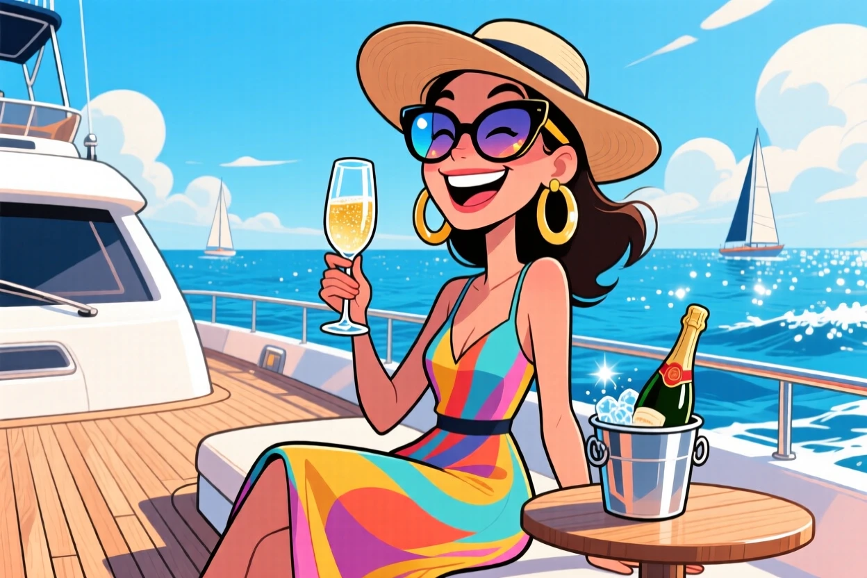 An aspirational lifestyle scene of a stylish woman sipping champagne on a yacht deck, sunglasses reflecting the sparkling sea.
