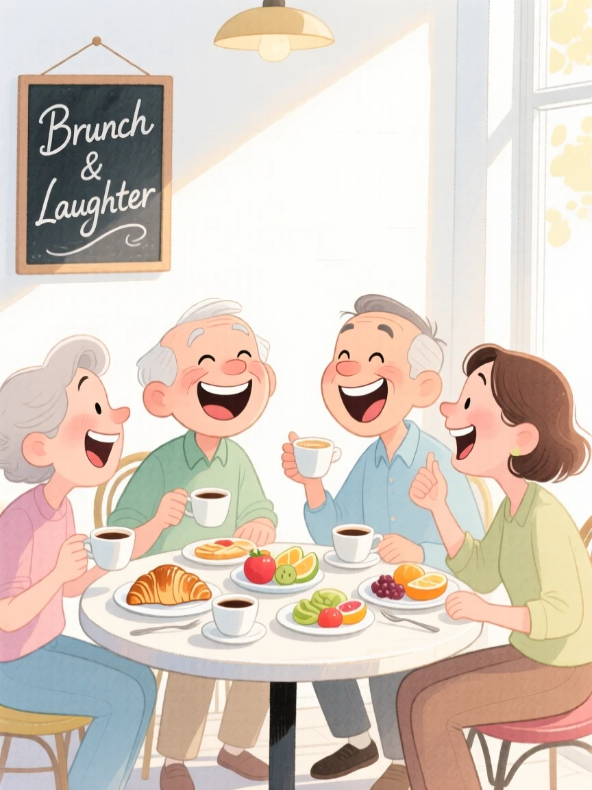 Old friends reuniting laughing together over brunch at a sunny café