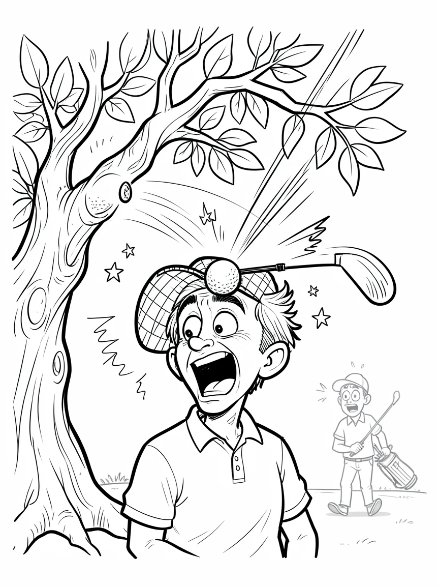 [Funny & Exaggerated Situations] Comical scene of a golfer's ball bouncing off a tree and hitting him on the head, exaggerated for maximum laughs