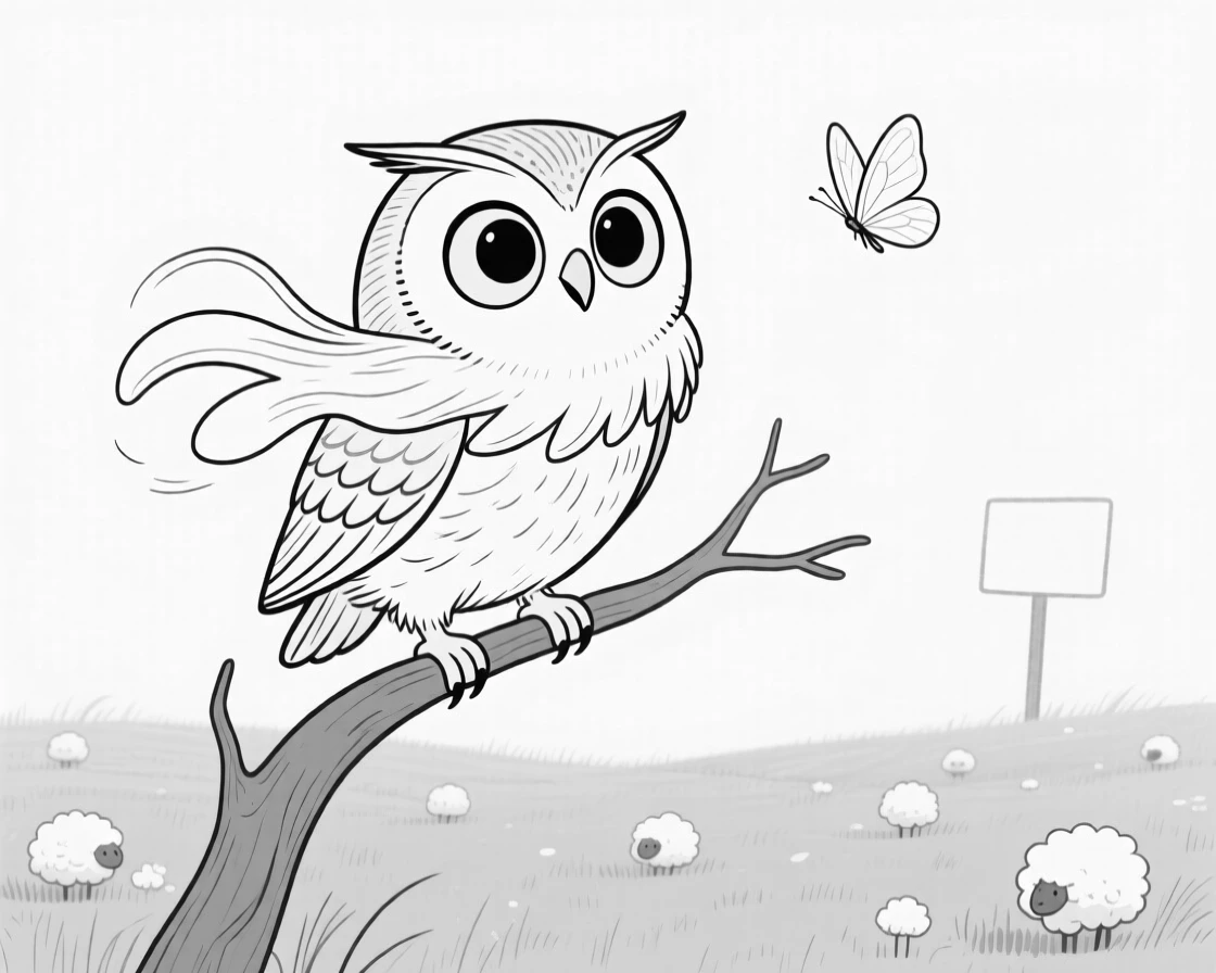 A wide-eyed owl perched crookedly on a branch, rearing up with mane flying in slow motion, set in a pasture freshly dotted with wool tufts. A butterfly drifts obliviously past. It feels like the kind of photo that instantly earns a smile.