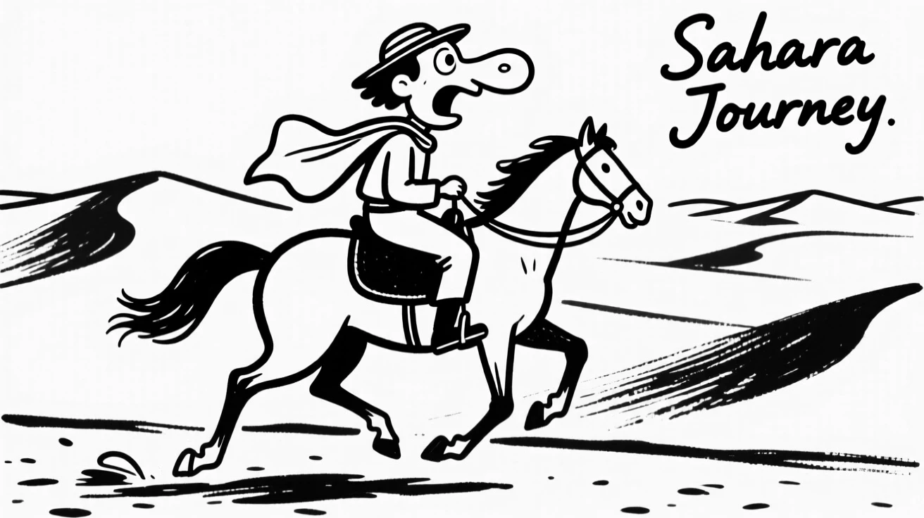 A traveler on horseback riding through the vast dunes of the Sahara Desert.