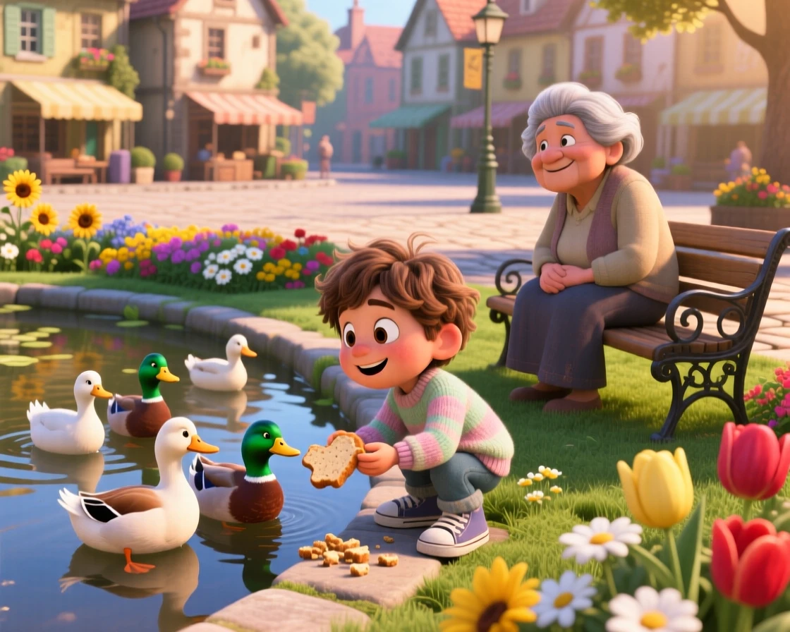 A child feeding ducks at a park pond is captured at a village square during a quiet afternoon, with warm morning light spilling across the scene. A quiet, wholesome charm lingers over the moment.