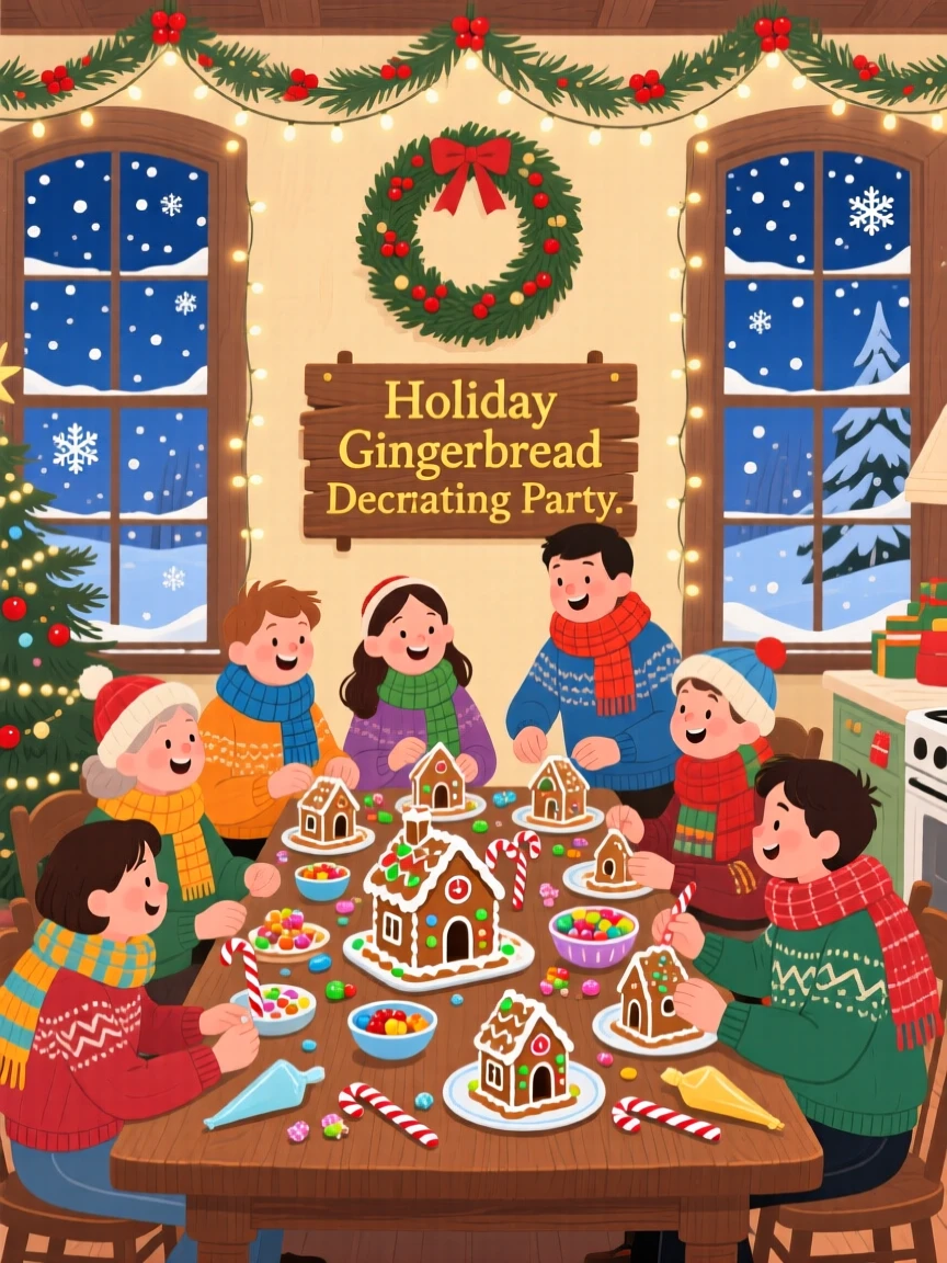Carolers bundled in scarves spend the evening decorating gingerbread houses at the kitchen table in a decorated town hall, as snowflakes drift softly down.