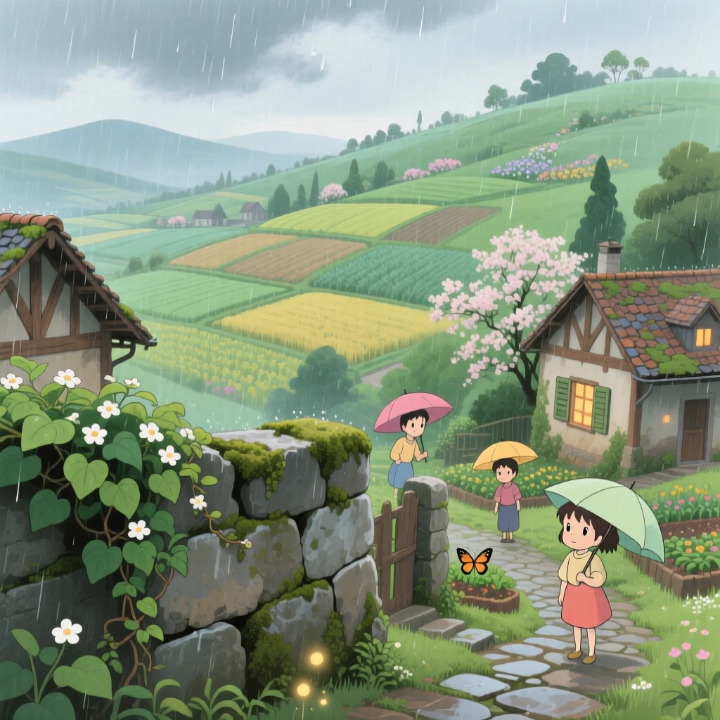 A hillside village overlooking a patchwork of fields, with ivy climbing up the side of an old stone wall, during a light spring shower.