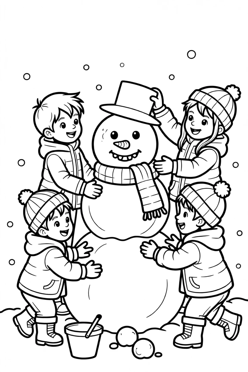 A group of children building a snowman wearing a scarf and hat