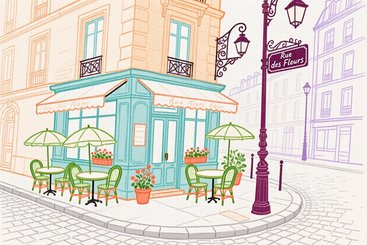 A quiet Parisian street corner with a corner bistro.