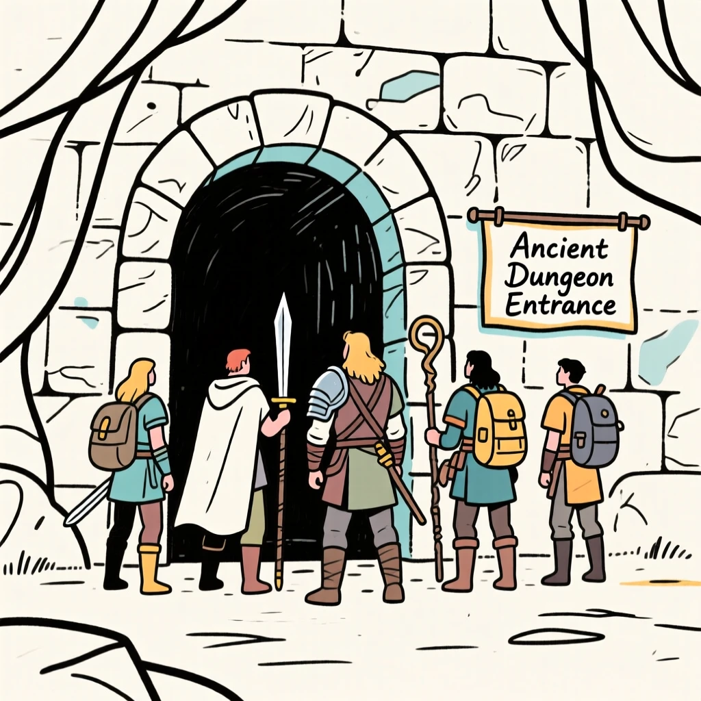 A group of adventurers standing before the entrance of an ancient dungeon.