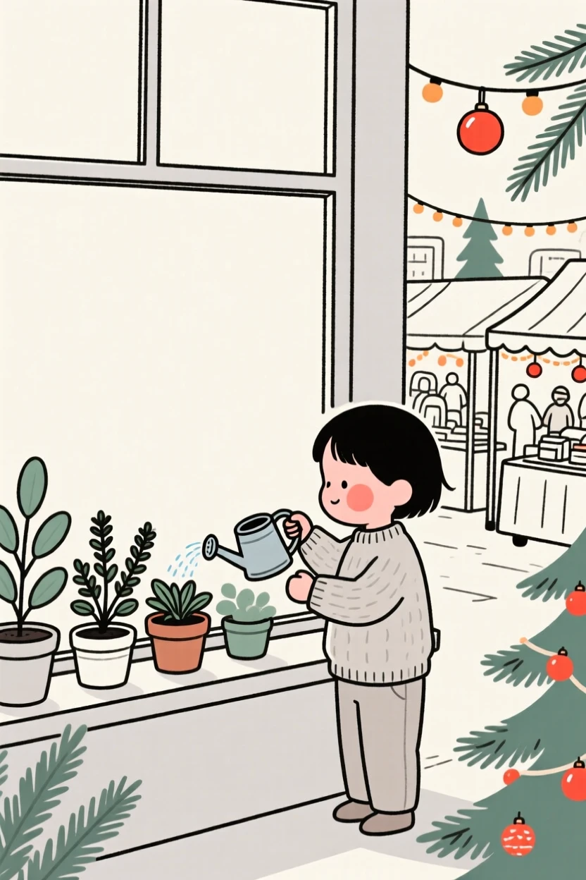 A small child watering houseplants by a bright window, at a bustling holiday market.