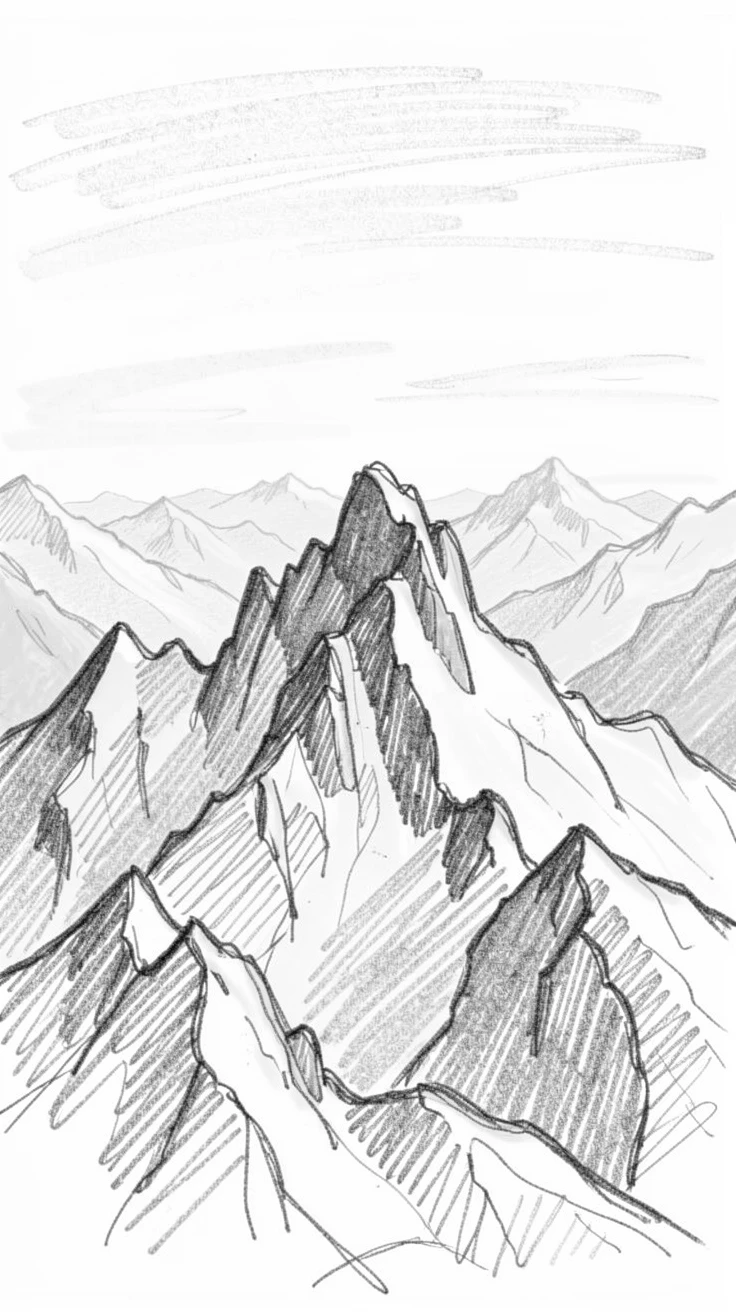 A breathtaking view of a snow-capped mountain range, glowing under the last light of sunset, with distant mountains fading into haze.