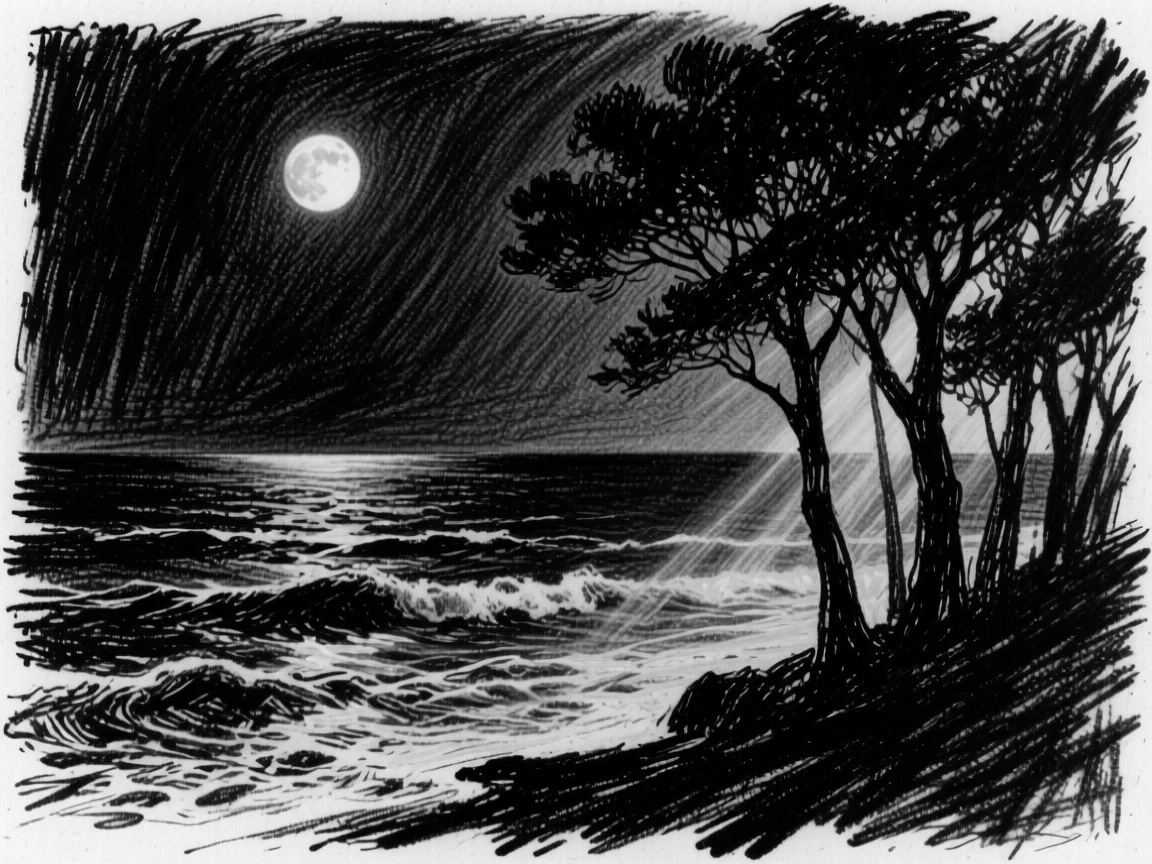 A moonlit ocean horizon with golden light streaming through the trees.