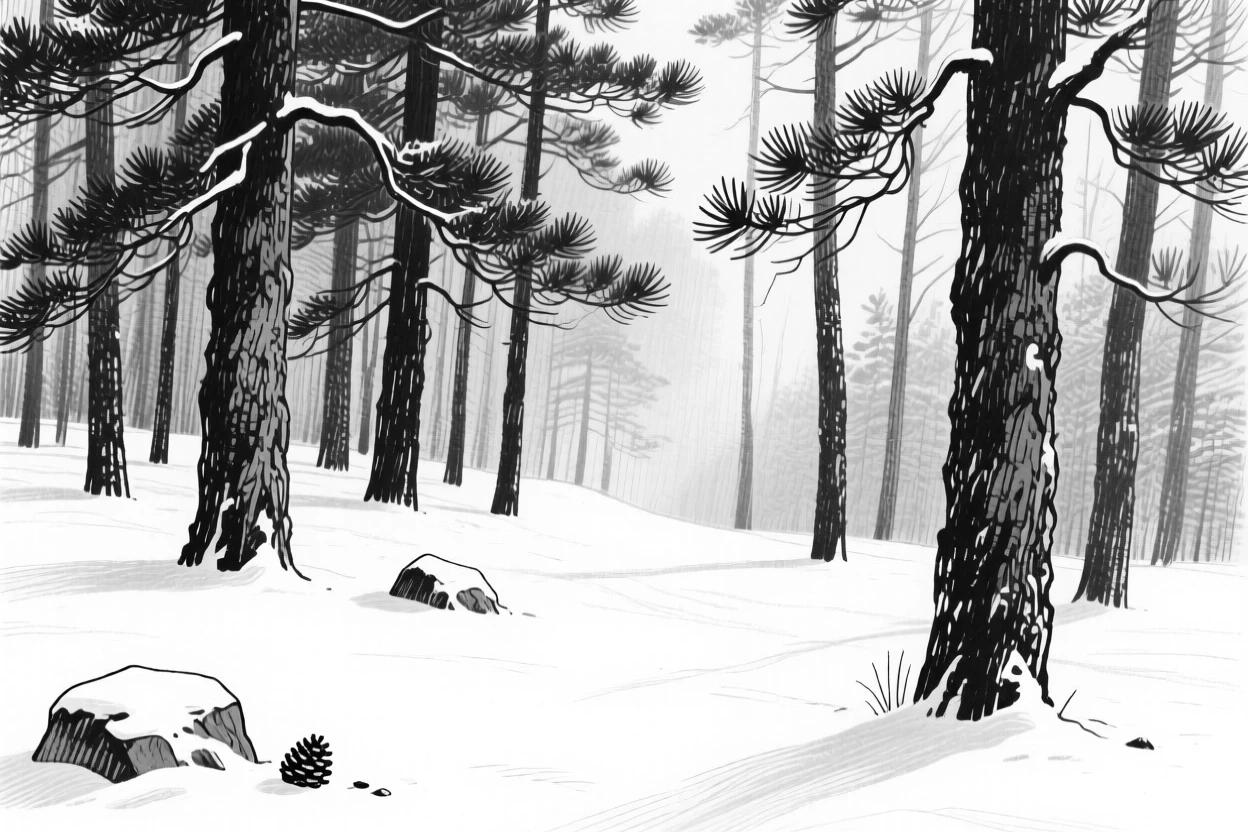 A quiet snow-covered pine forest illuminated by soft winter light.