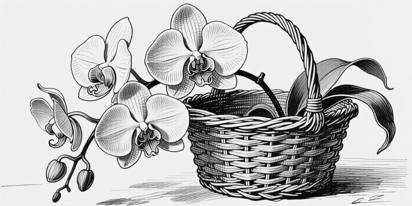 An orchid in full bloom spilling out of a wicker basket, with soft shadows falling across the petals, composed in a gentle and fleeting still-life arrangement.