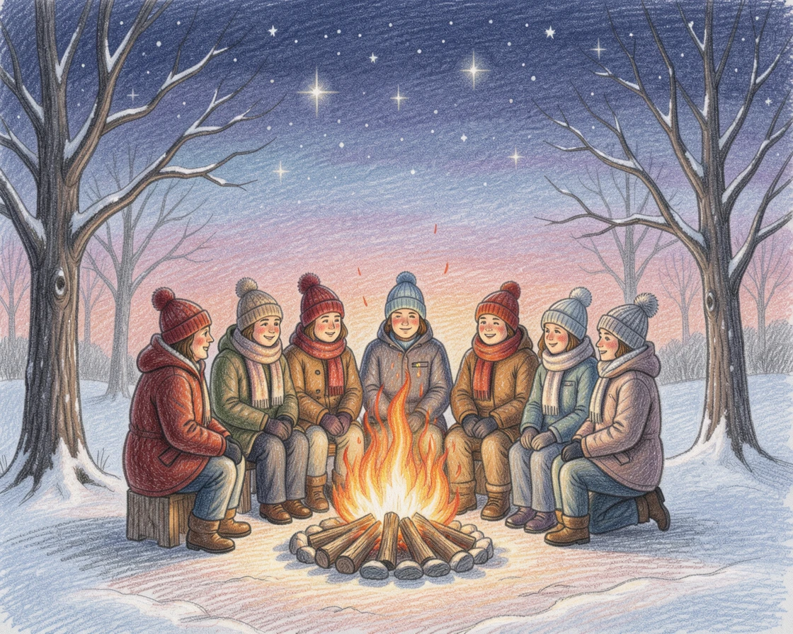 A winter solstice bonfire gathering beneath a starry sky, captured in the soft light of early evening, perfect for celebrating the beauty of the season.