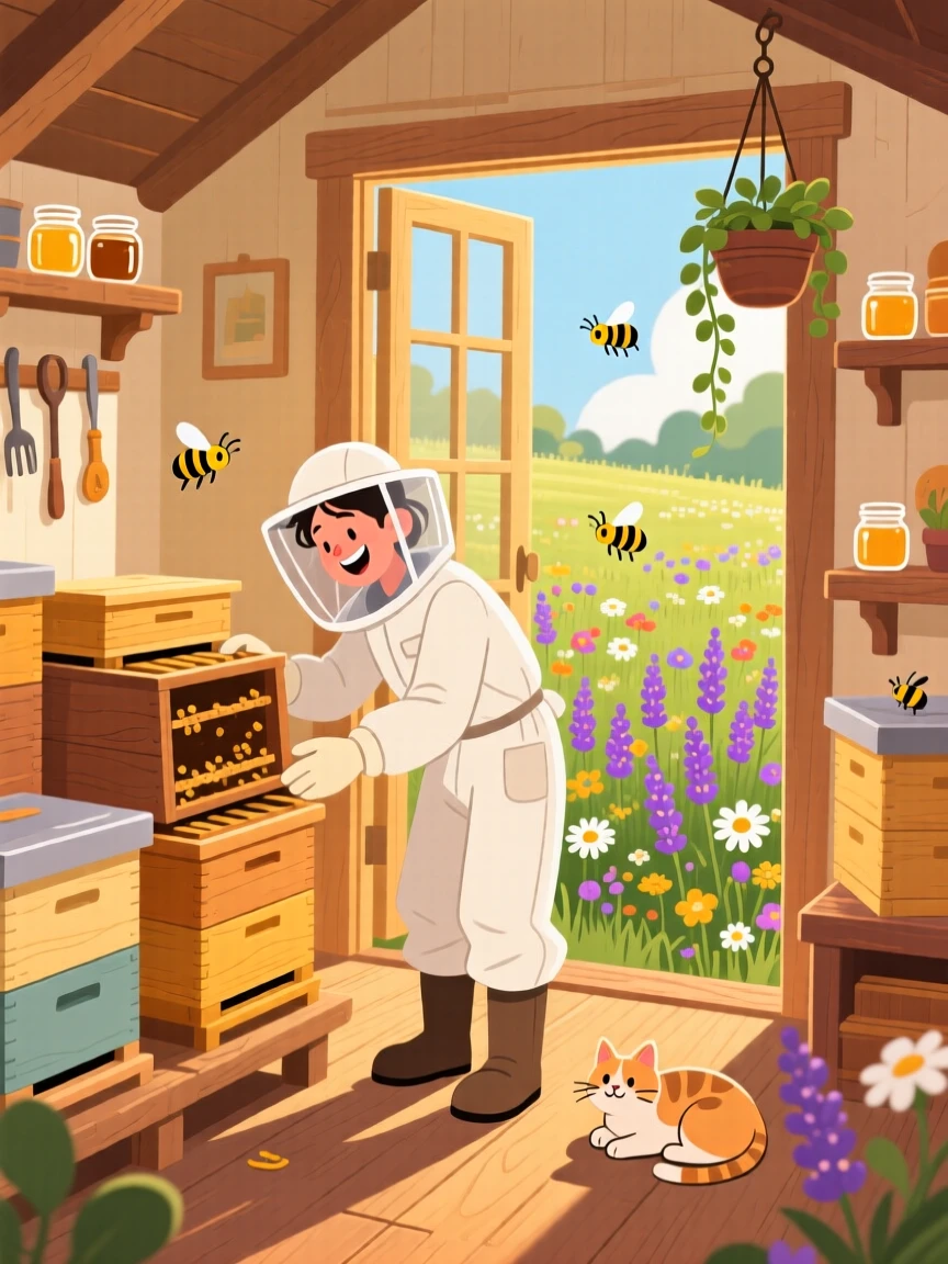 A beekeeper tending to hives in a blooming meadow, inside a cozy home filled with warm light, shown from a friendly eye-level perspective, with small joyful details like flying hair or bright laughter.