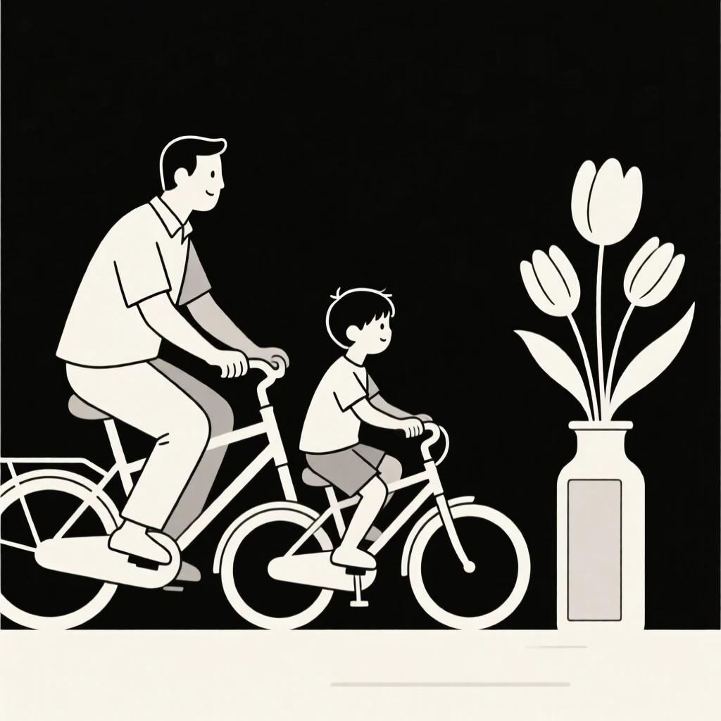 A portrait of a father and son riding bicycles near fresh flowers in a vase, filled with warm connection.