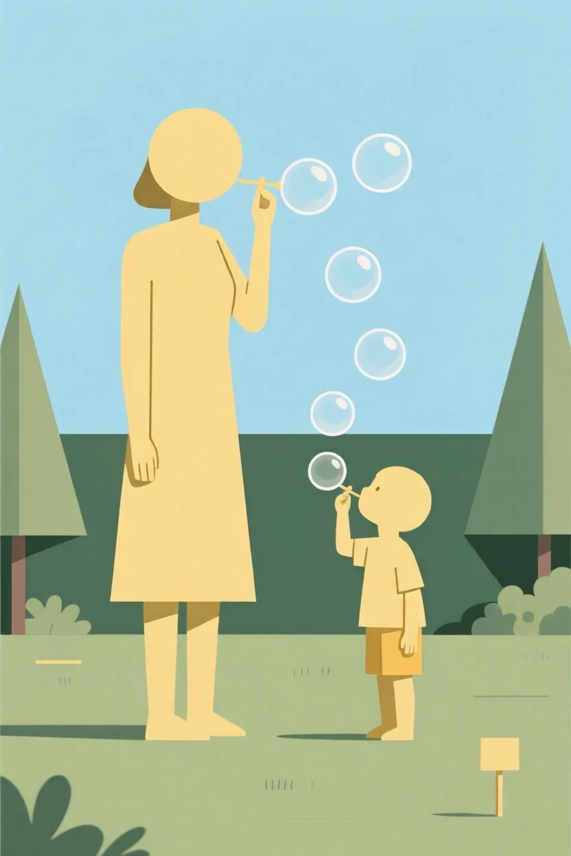 A mother and child blowing bubbles in a yard