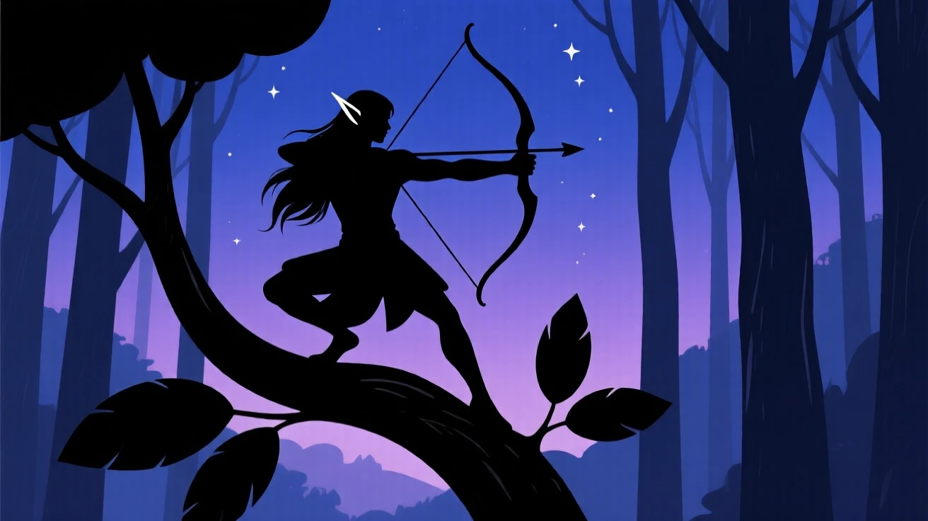 An elf archer drawing a bow while balanced on a high tree branch in a deep forest.