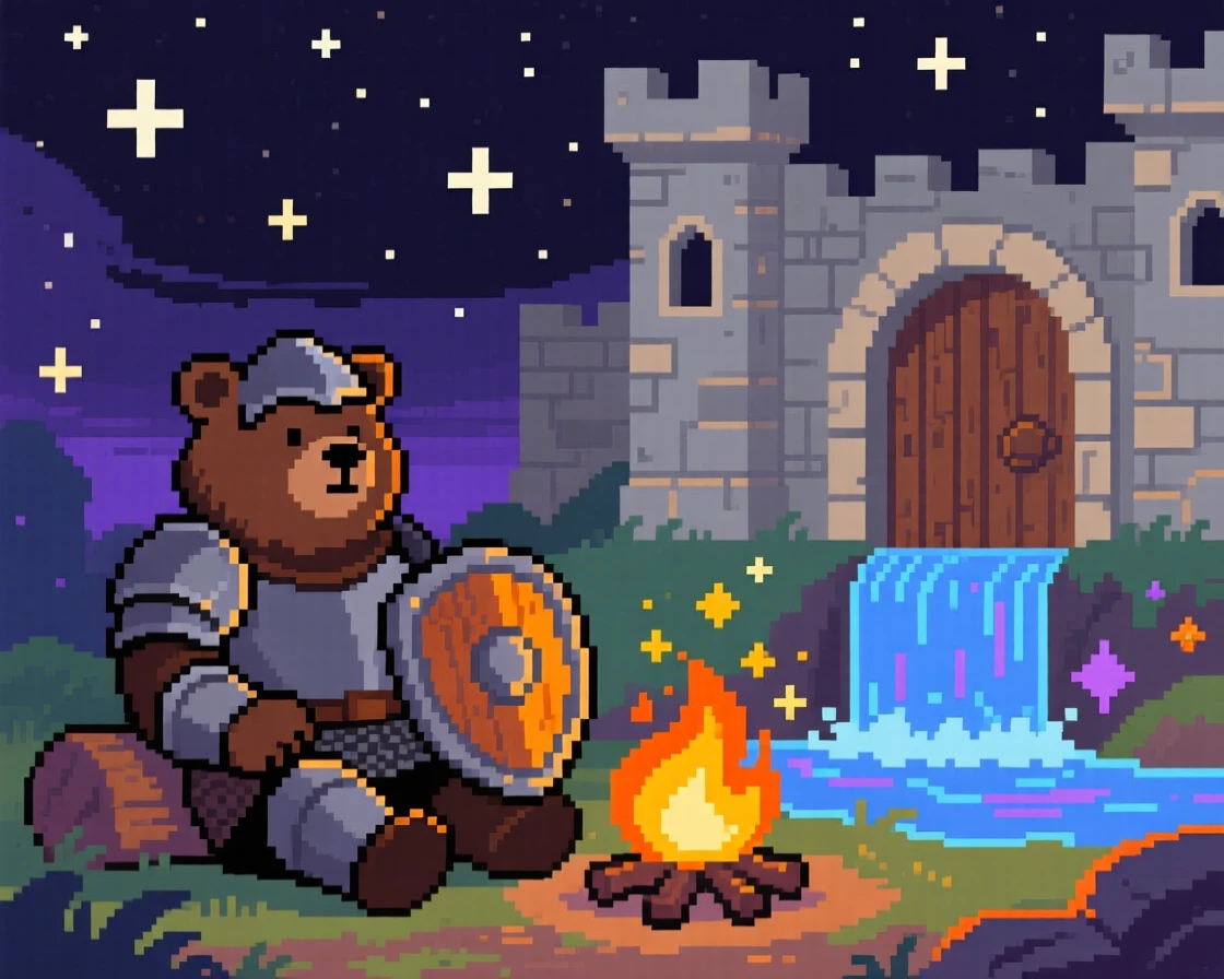 A bear knight guarding a castle gate resting beside a campfire under the stars, beside a waterfall that glows at night.