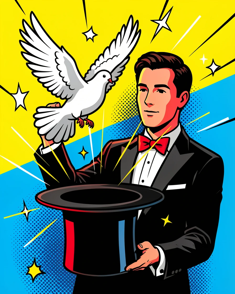 A magician pulling a dove from an ornate top hat