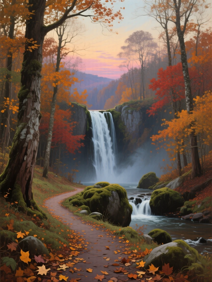 An expansive vista of a hidden waterfall discovered at the end of a forest trail, at dusk, in mid-autumn.