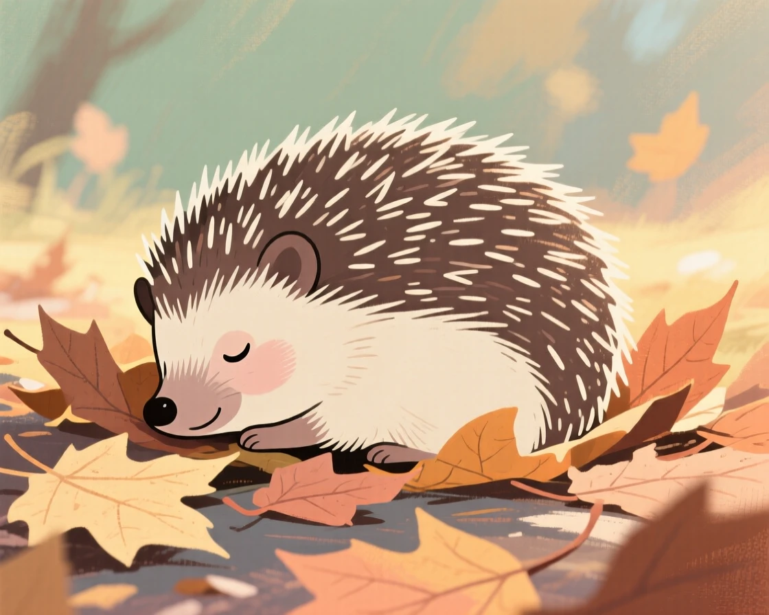 A hedgehog curled up among fallen autumn leaves