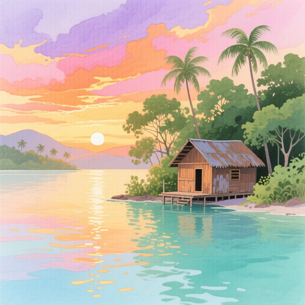 A breathtaking view of a tropical lagoon as the sun sets in brilliant colors, with a rustic cabin tucked among the trees