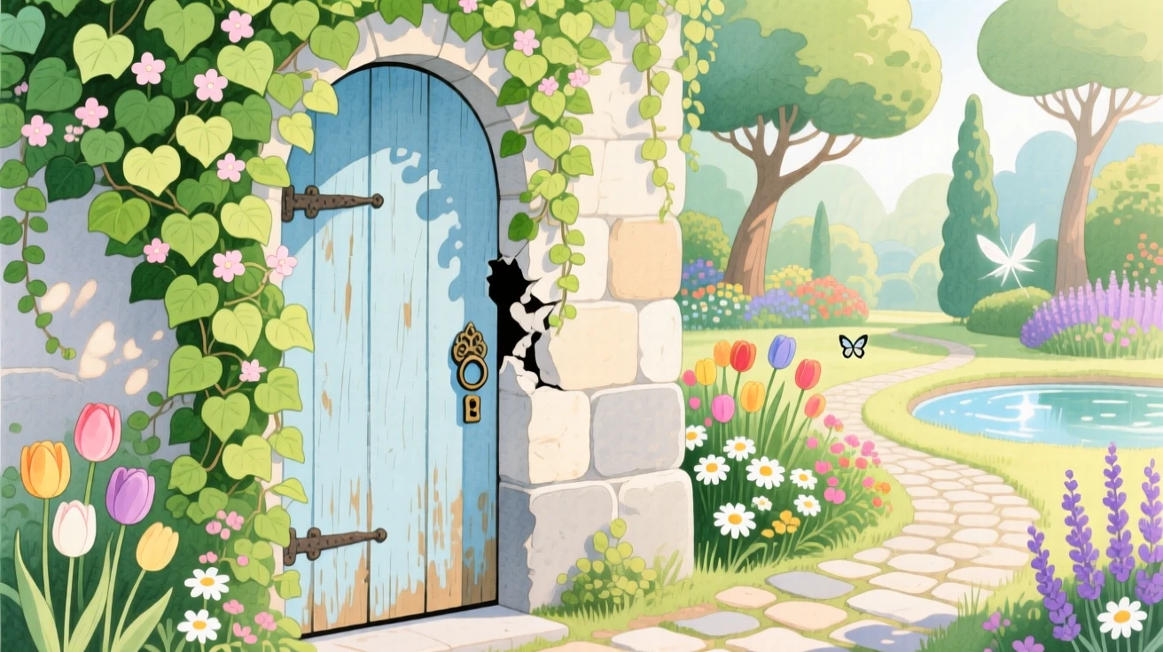 A hidden door covered in ivy leading to a secret garden, full of mystery and excitement.