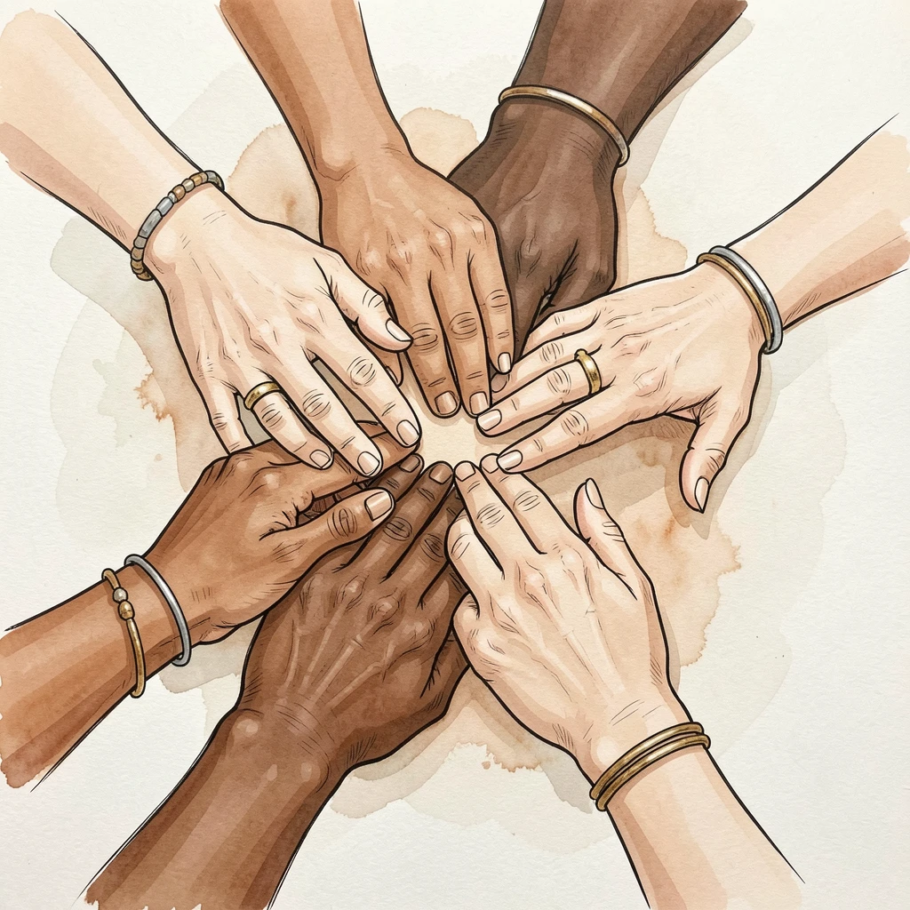 A group of hands from different backgrounds joined together in a circle of unity