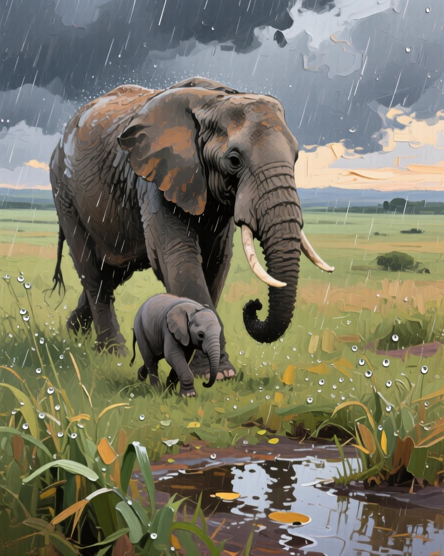 a mother elephant and calf walking across open grassland, during the first rain of the season, with a clear foreground, subject, and distant setting.