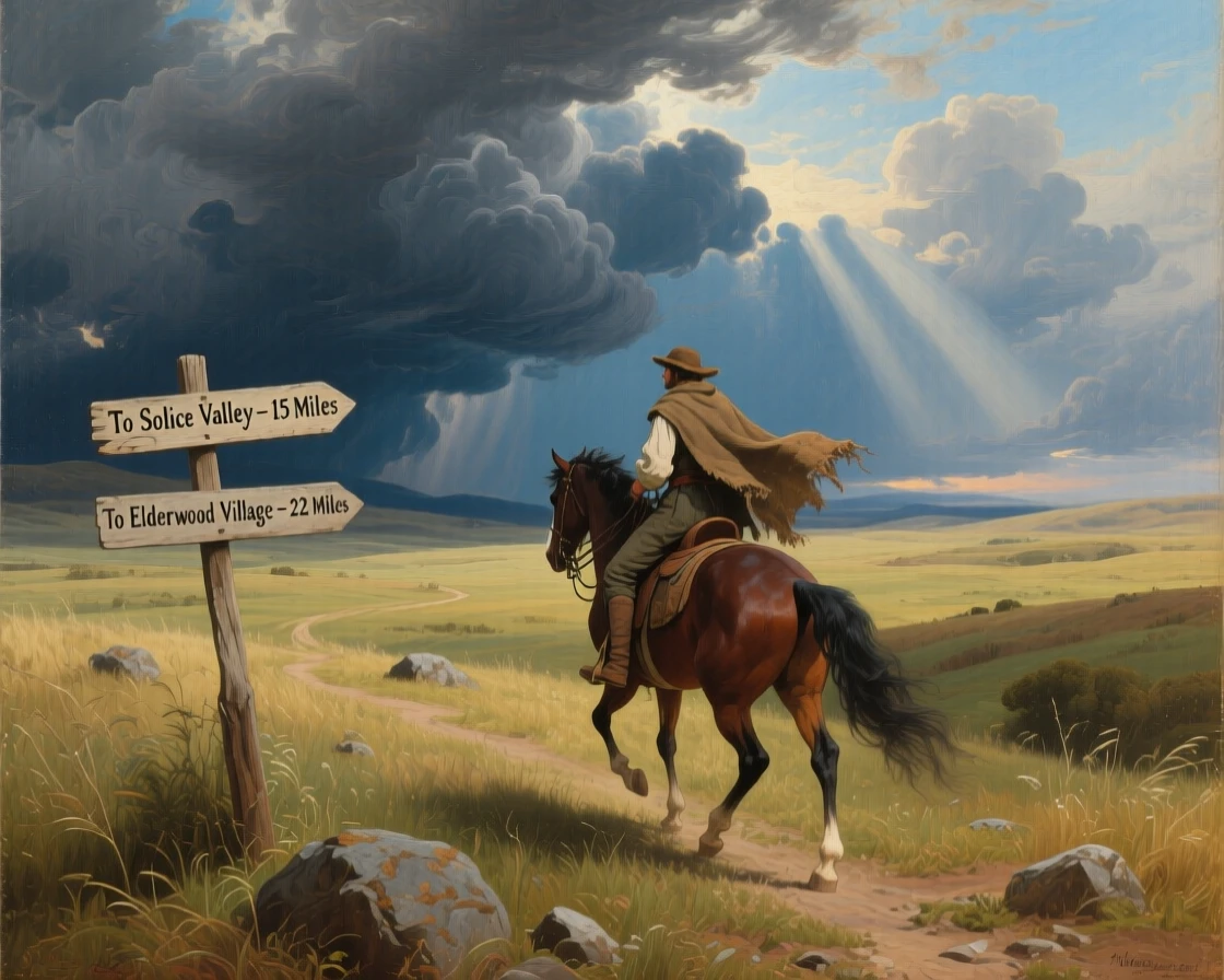 A lone traveler rides through a broad steppe beneath a vast open sky as storm clouds gather overhead.