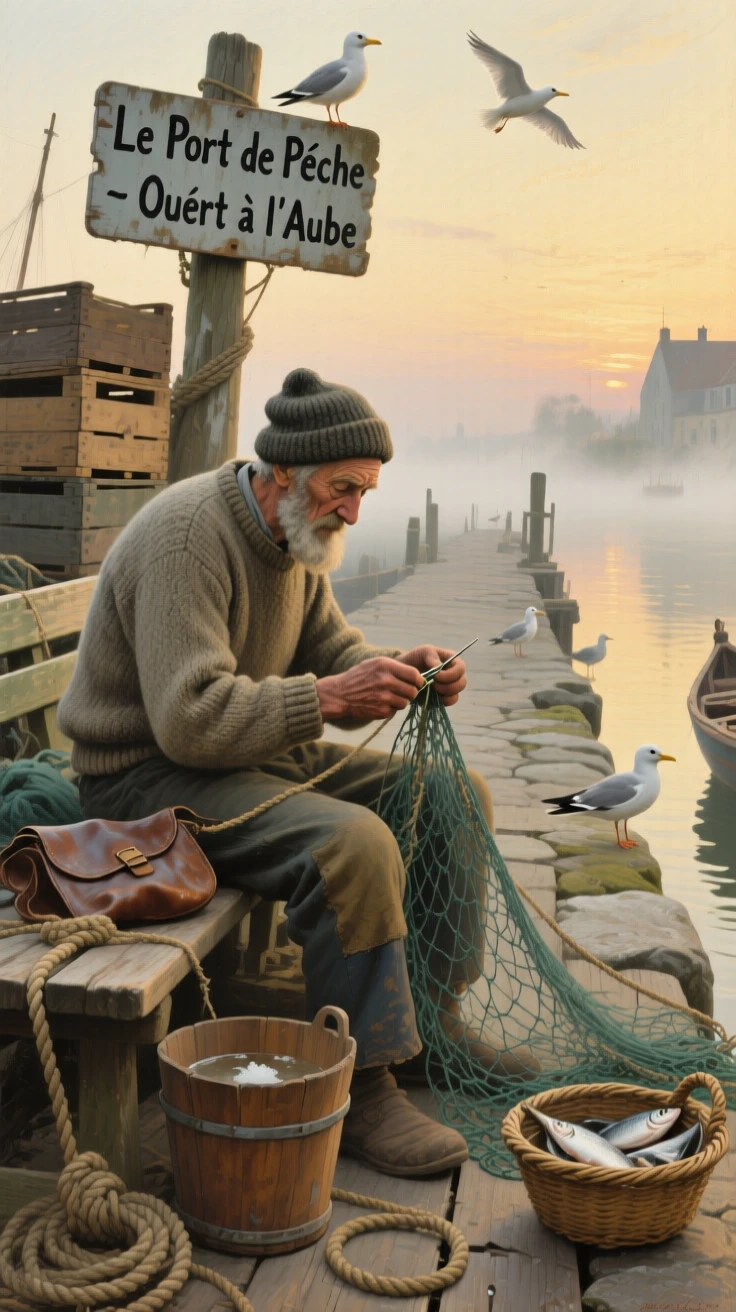 An elderly fisherman with a weathered face and kind eyes mending his nets at dawn, surrounded by everyday details that ground the moment in reality, evoking warmth, empathy, and genuine connection