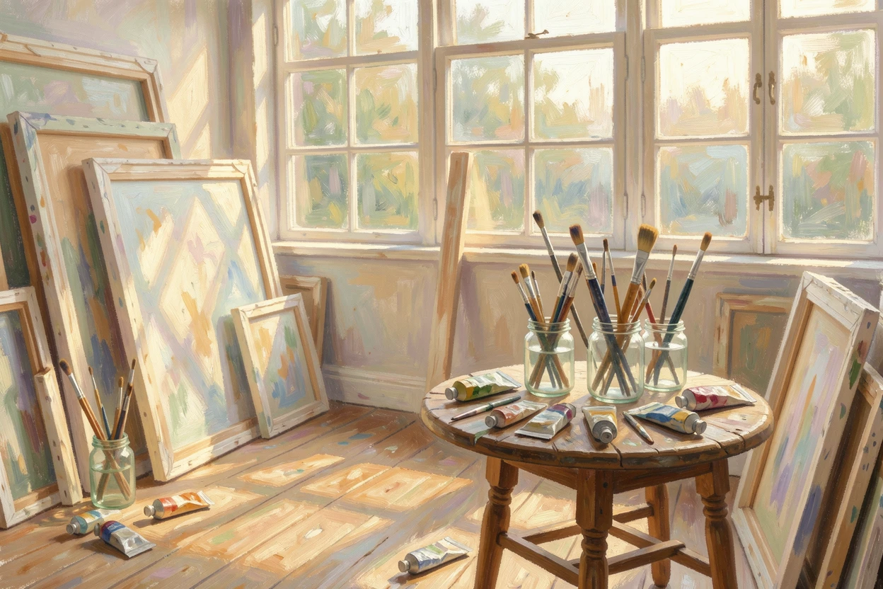 A cluttered artist's studio filled with canvases, paint tubes, and jars of brushes bathed in afternoon light.