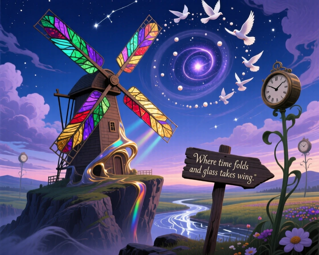 A windmill with sails made of stained glass feathers leans impossibly against the wind, and a spiral of doves circles above it.