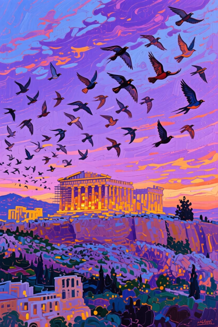 The Acropolis of Athens glowing beneath a violet dusk sky, beneath a sky full of migrating birds, flocks of birds wheeling overhead