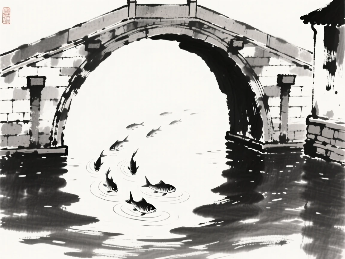 A group of fish glides beneath a stone bridge over a canal, as small ripples catch the afternoon light.