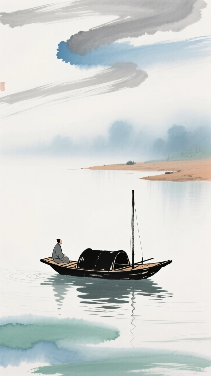 A single boat drifting alone on a vast, mist covered lake, carrying a mood of wistful nostalgia, under a sky streaked with clouds.