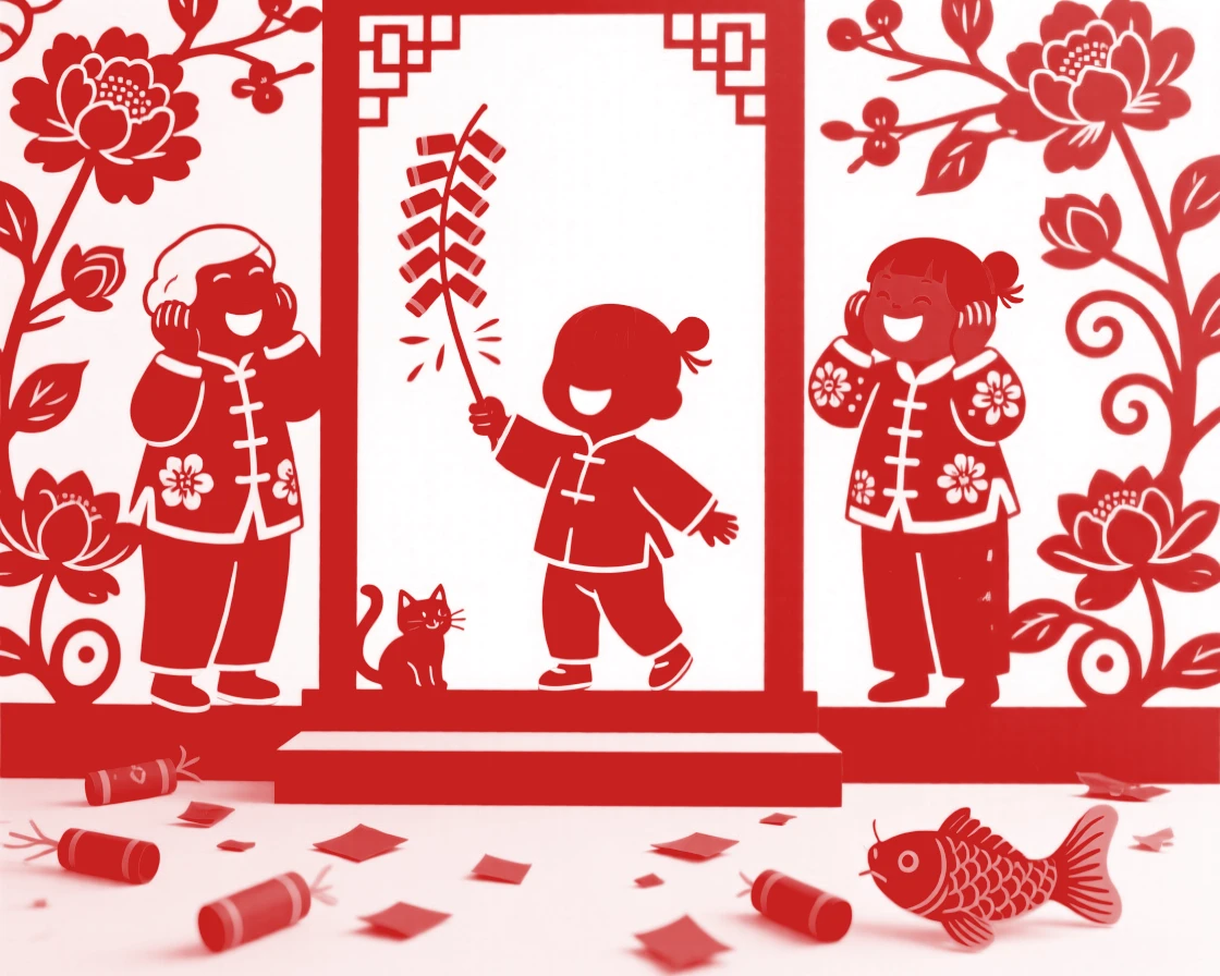A child lighting a string of firecrackers on a doorstep at dawn on New Year's Day, older siblings covering their ears and laughing, paper scraps scattering across the ground