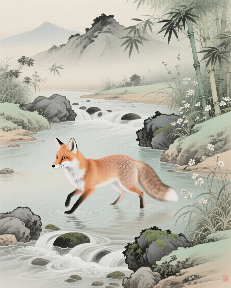 A fox wading through a shallow mountain stream