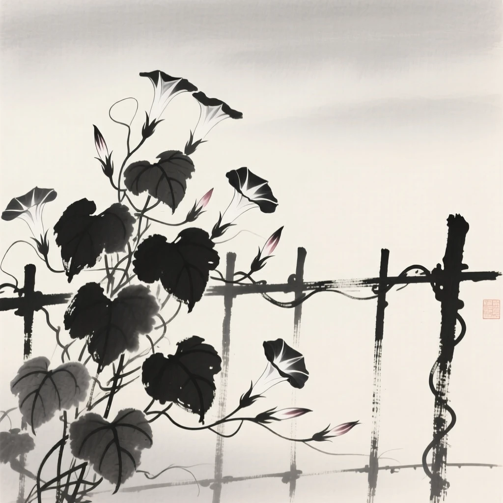 A cluster of morning glories on a fence against a soft, empty backdrop, set against a soft gradient of misty background, capturing a delicate, transient moment in bloom.